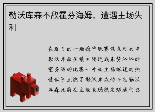 勒沃库森不敌霍芬海姆，遭遇主场失利